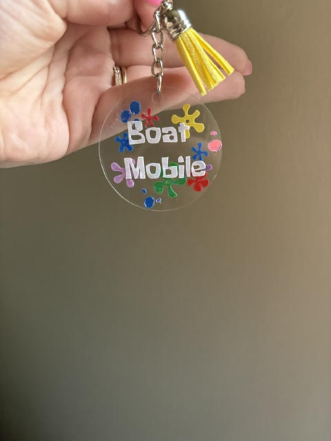 Colorful "Boat Mobile" Keychain – Acrylic Keychain with Yellow Tassel | Funny Car Accessory | Cute Splat Key Ring Gift | Customizable