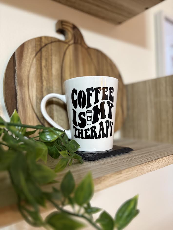 Coffee Is My Therapy Mug – Funny Coffee Lover Gift – Ceramic White Mug – Modern Shelf Decor –Fall Kitchen Aesthetic – Gift for Coffee Addict