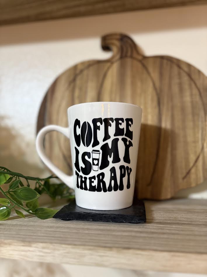 Coffee Is My Therapy Mug – Funny Coffee Lover Gift – Ceramic White Mug – Modern Shelf Decor –Fall Kitchen Aesthetic – Gift for Coffee Addict