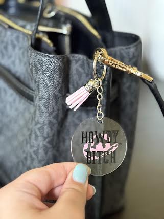 Howdy Bitch Keychain | Funny Western Keychain | Cowgirl Gift | Pink Cowboy Hat Charm | Sassy Acrylic Keychain | Bag Charm Accessory