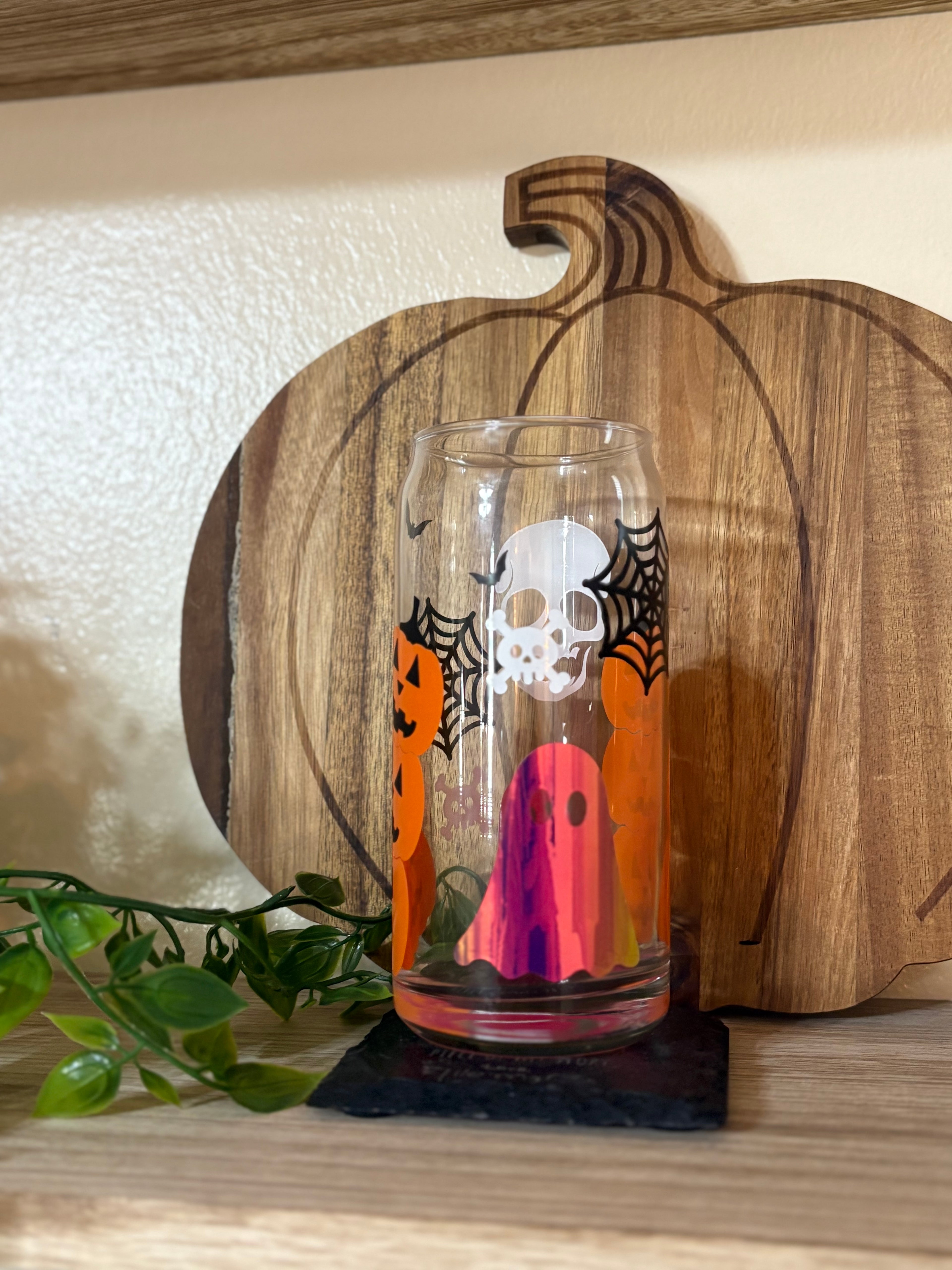 Halloween Glass Cup | Spooky Ghost & Pumpkin Can Glass | 16 oz Iced Coffee Cup