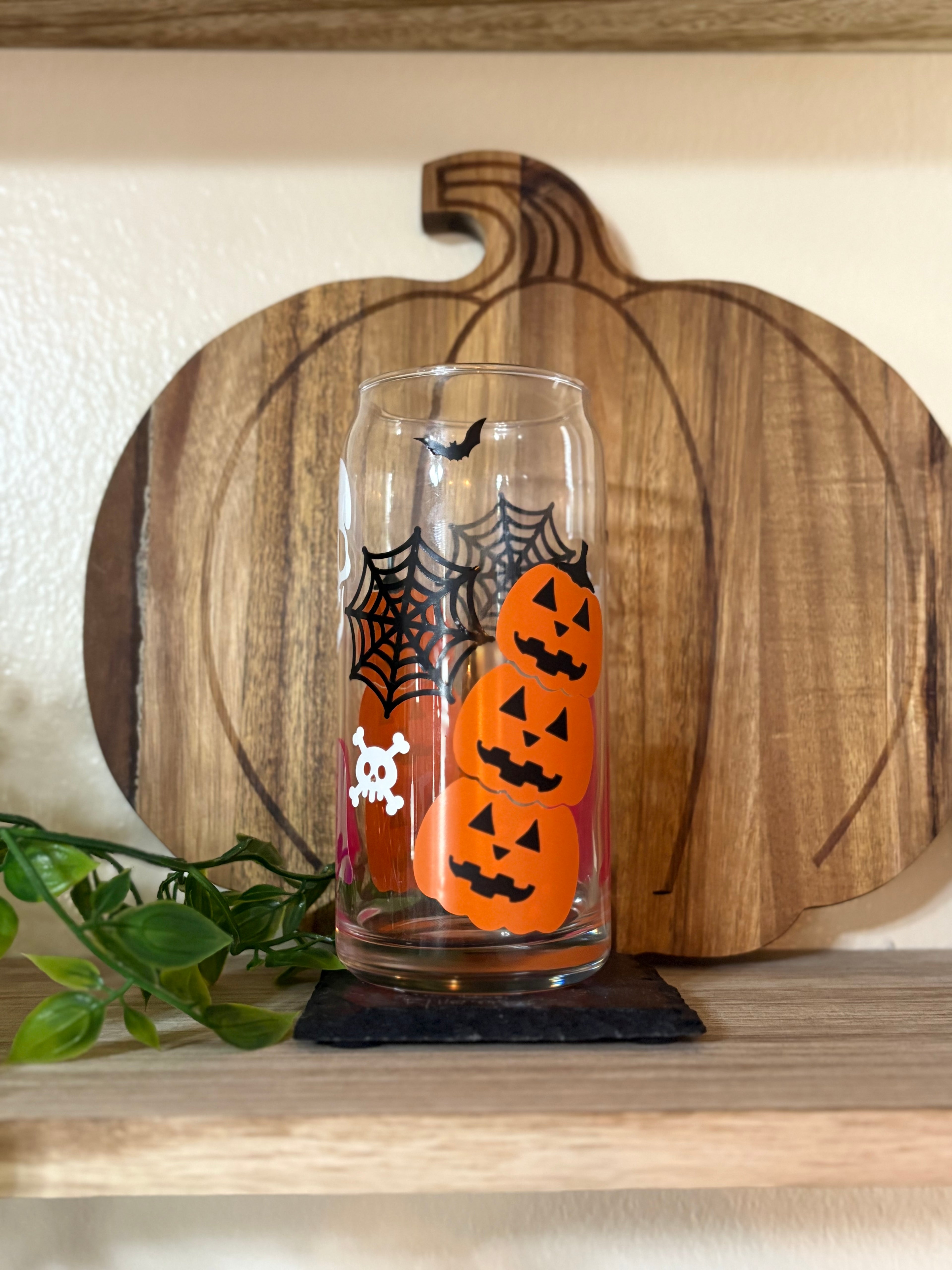 Halloween Glass Cup | Spooky Ghost & Pumpkin Can Glass | 16 oz Iced Coffee Cup