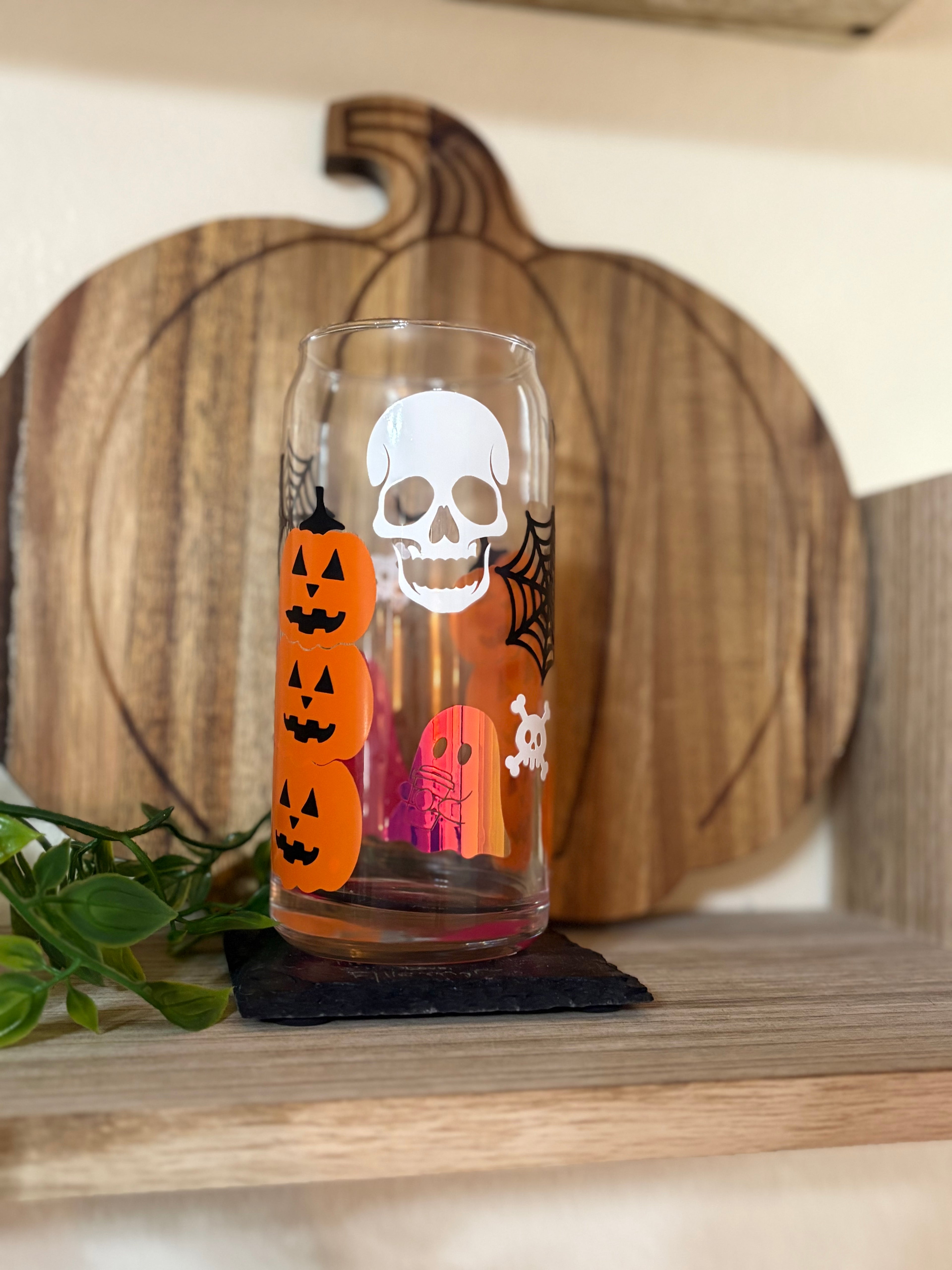 Halloween Glass Cup | Spooky Ghost & Pumpkin Can Glass | 16 oz Iced Coffee Cup