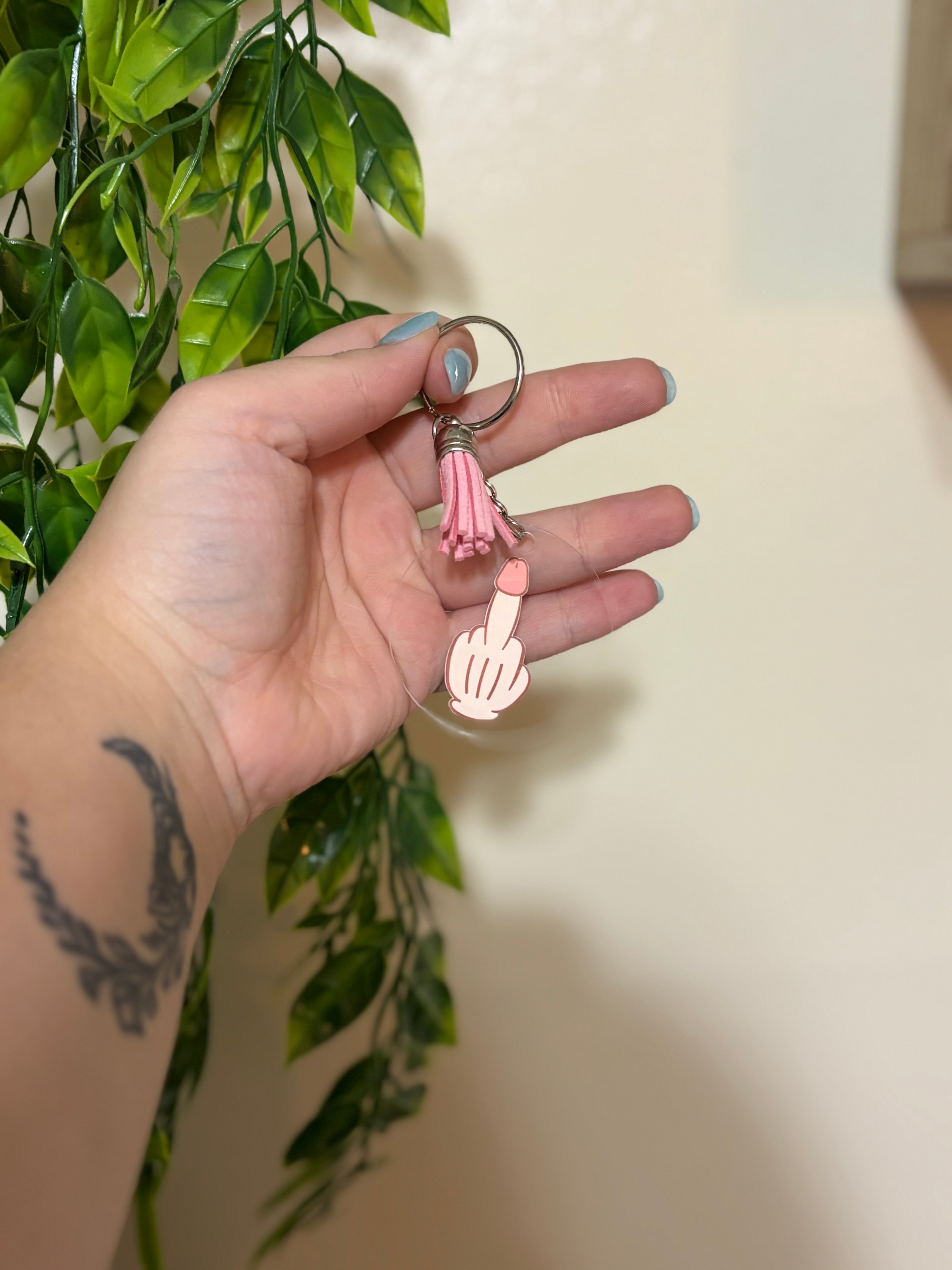 Funny Middle Finger Keychain – Sassy Acrylic Keychain with Pink Tassel, NSFW Gift for Friends, Adult Humor Accessory