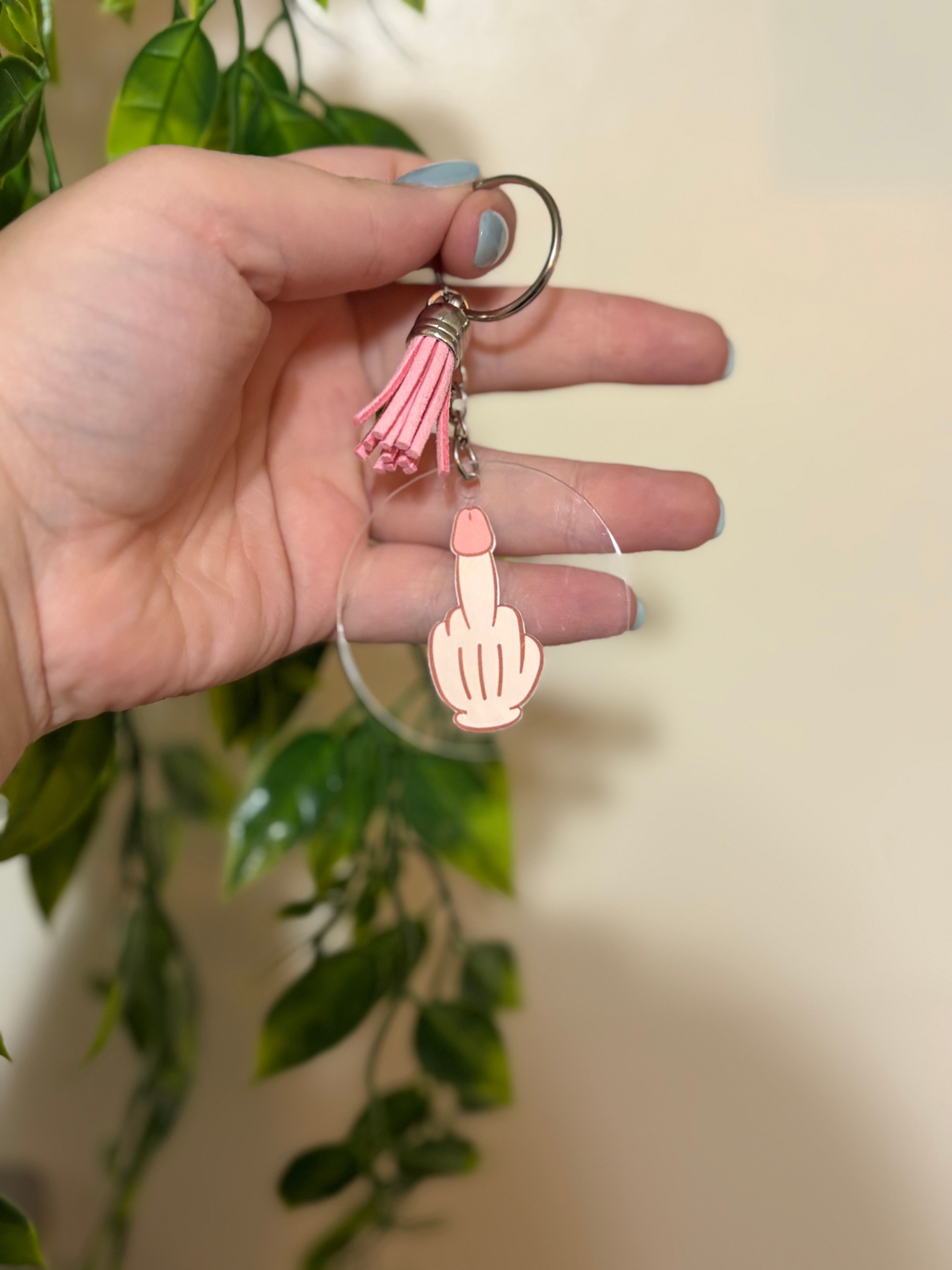 Funny Middle Finger Keychain – Sassy Acrylic Keychain with Pink Tassel, NSFW Gift for Friends, Adult Humor Accessory