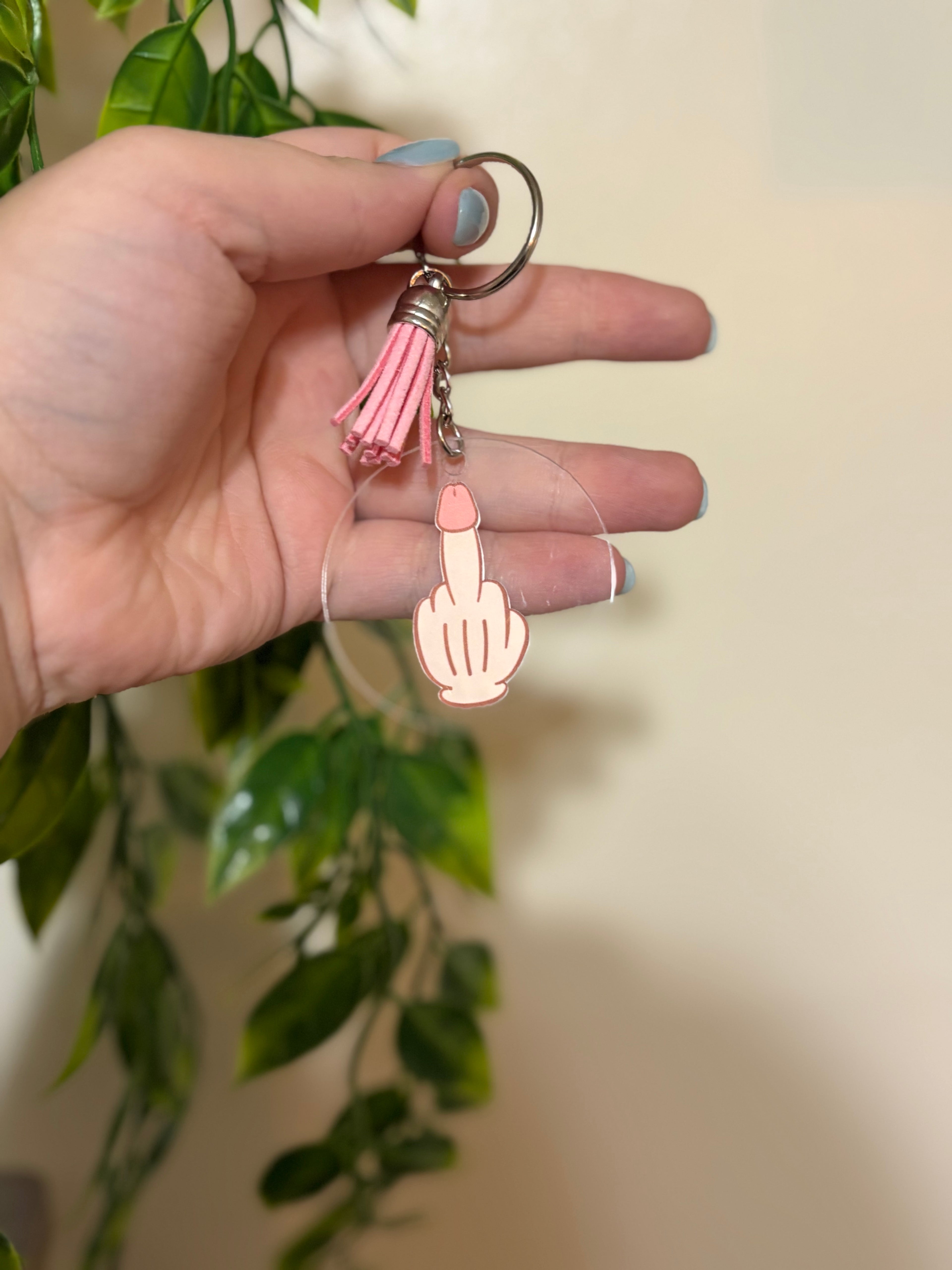 Funny Middle Finger Keychain – Sassy Acrylic Keychain with Pink Tassel, NSFW Gift for Friends, Adult Humor Accessory
